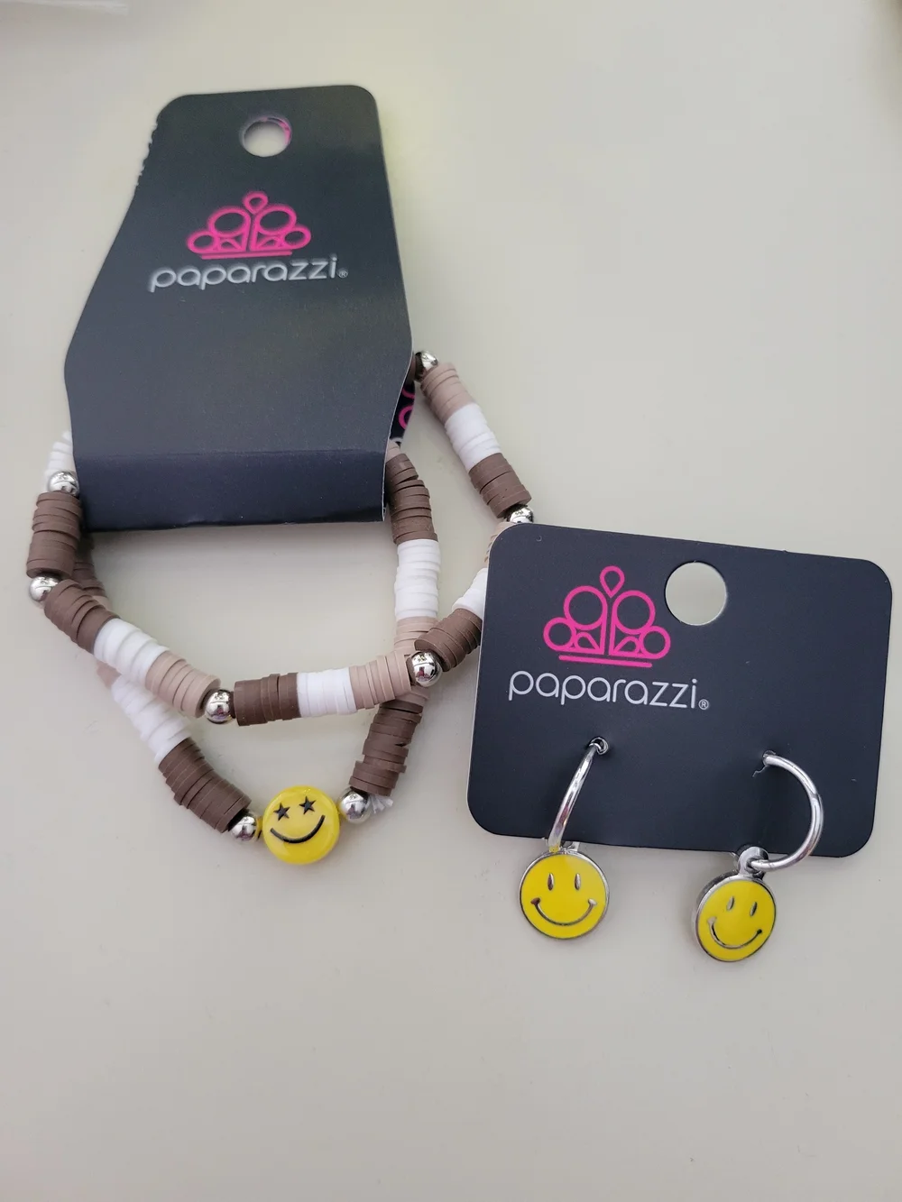 Paparazzi Brown & White Smiley Bead Bracelet and Earring Set